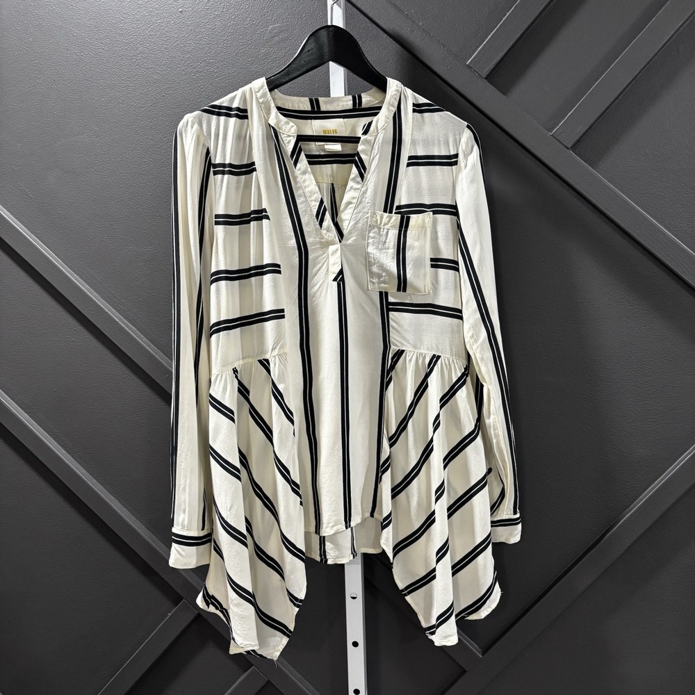 Maeve Anthropologie Silk Striped Tunic Blouse Size 2 Black White Asymmetrical